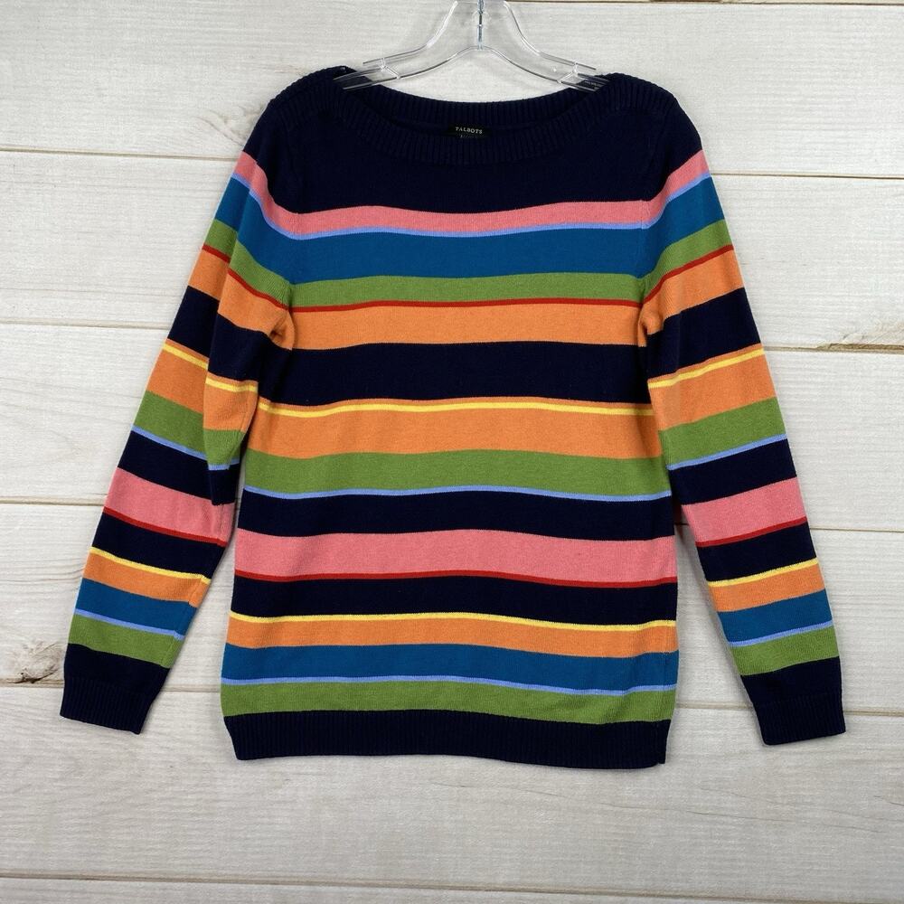 Talbots Rainbow Striped Sweater Womens M Colorful Pullover Preppy Crew Neck